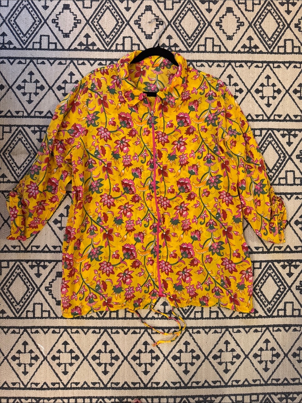 Yellow Floral Zip Front Shirt Jacket with Button Tab Sleeve
